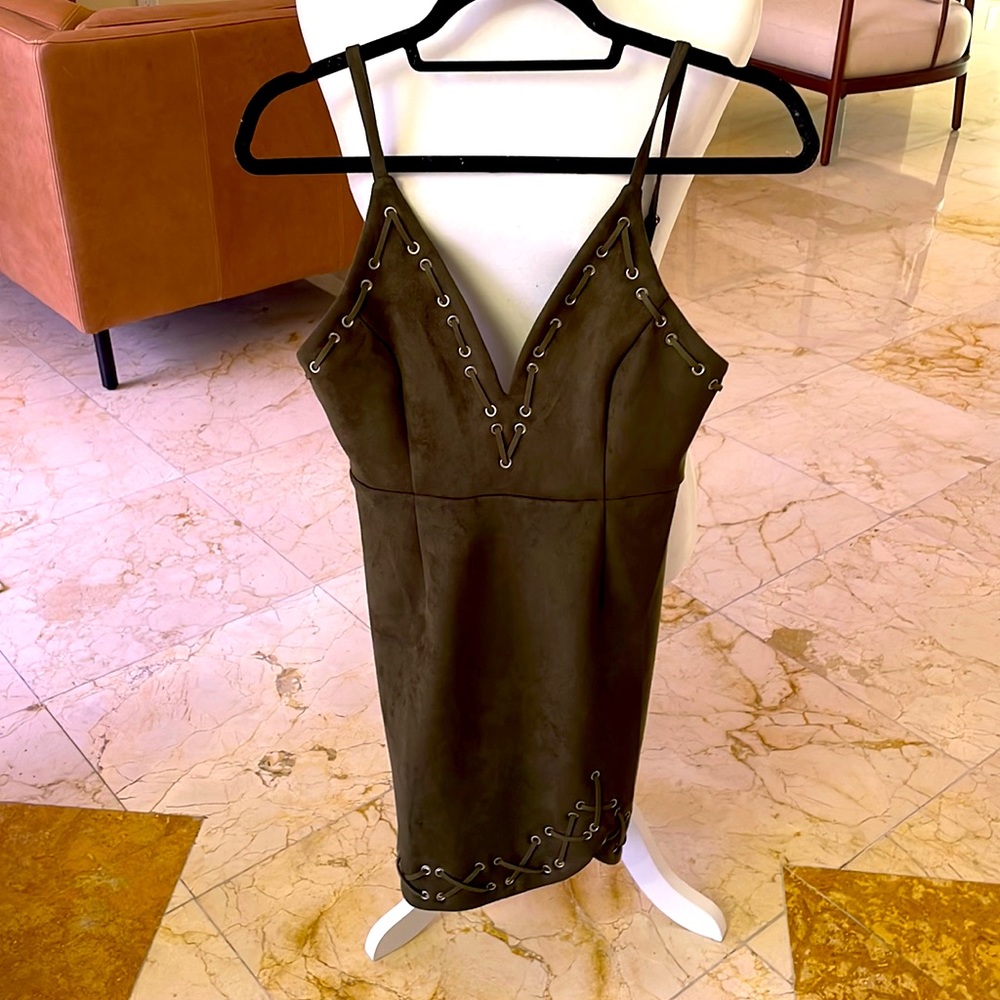 Alpha & Omega Olive green faux suede mini dress.